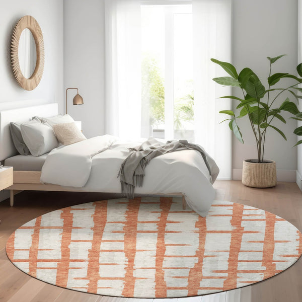 HomeRoots 8' Coral and Beige Striped Washable Round Rug - Durable, UV Protected, Perfect for Homes with Kids & Pets! 669357