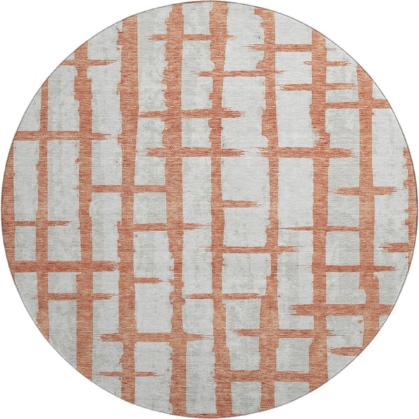 HomeRoots 8' Coral and Beige Striped Washable Round Rug - Durable, UV Protected, Perfect for Homes with Kids & Pets! 669357