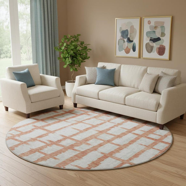 HomeRoots 8' Coral and Beige Striped Washable Round Rug - Durable, UV Protected, Perfect for Homes with Kids & Pets! 669357
