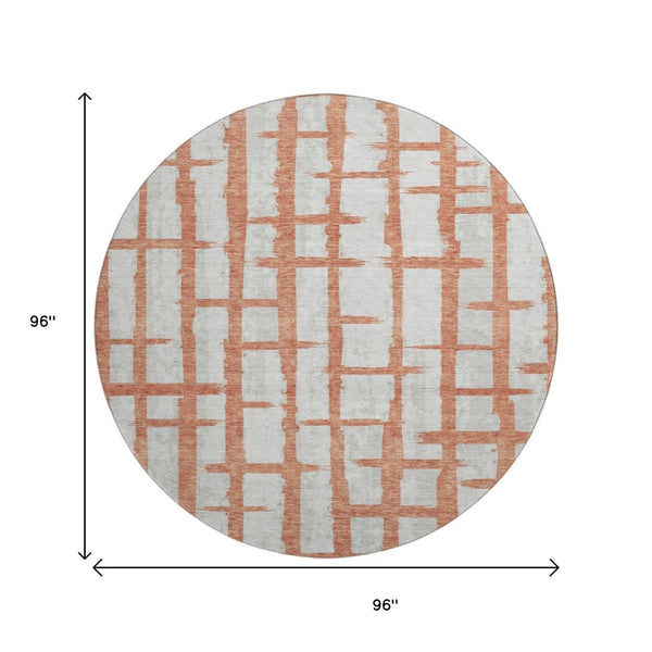 HomeRoots 8' Coral and Beige Striped Washable Round Rug - Durable, UV Protected, Perfect for Homes with Kids & Pets! 669357