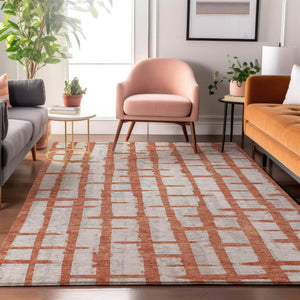 HomeRoots 8' x 10' Coral and Beige Striped Washable Area Rug with UV Protection for Busy Homes & Pets 669358