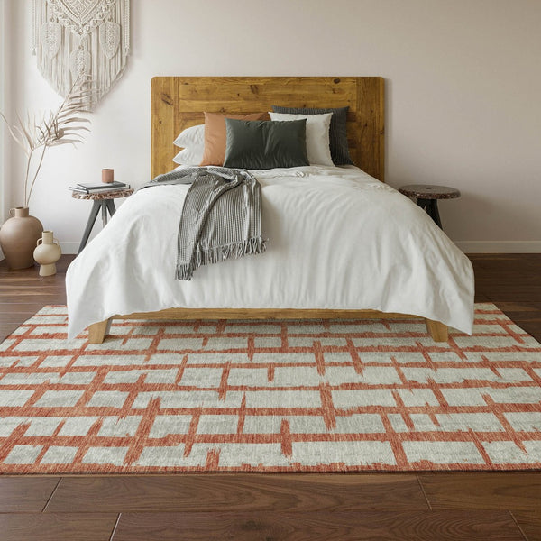 HomeRoots 8' x 10' Coral and Beige Striped Washable Area Rug with UV Protection for Busy Homes & Pets 669358