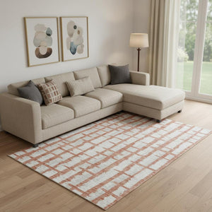 HomeRoots 9' X 12' Coral and Beige Striped Washable Area Rug – Durable, UV-Protected, Stylish for Any Home! 669359