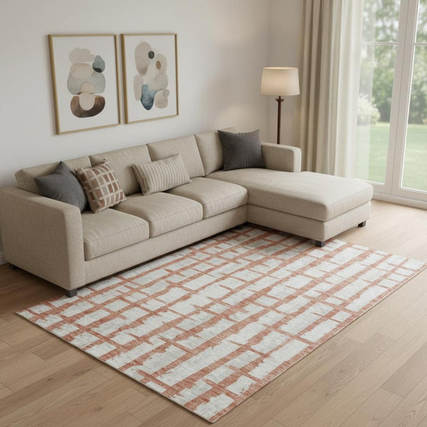 HomeRoots 9' X 12' Coral and Beige Striped Washable Area Rug – Durable, UV-Protected, Stylish for Any Home! 669359