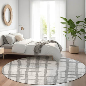 HomeRoots 8' Stylish Gray and Silver Striped Washable Round Rug with UV Protection for High-Traffic Homes 669363