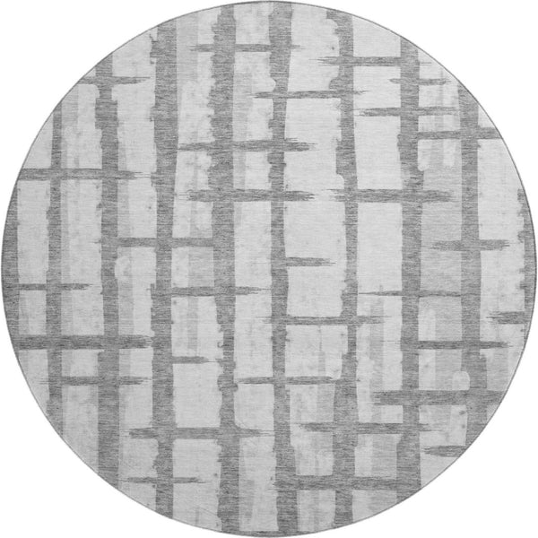 HomeRoots 8' Stylish Gray and Silver Striped Washable Round Rug with UV Protection for High-Traffic Homes 669363