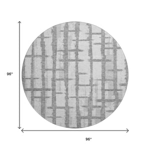 HomeRoots 8' Stylish Gray and Silver Striped Washable Round Rug with UV Protection for High-Traffic Homes 669363