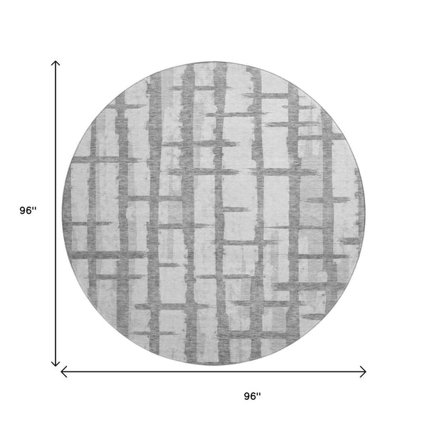 HomeRoots 8' Stylish Gray and Silver Striped Washable Round Rug with UV Protection for High-Traffic Homes 669363