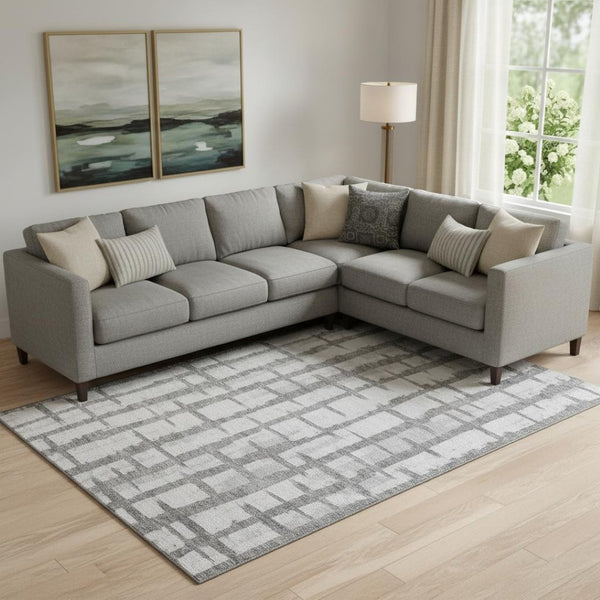 HomeRoots 8' X 10' Gray and Silver Striped Area Rug - Washable, UV-Protected, Stylish, and Durable Design 669364
