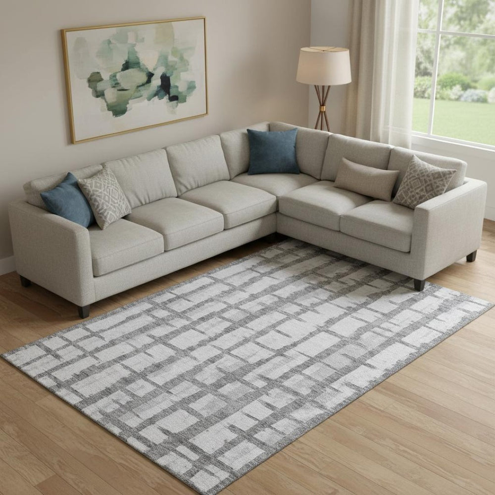 HomeRoots 9' X 12' Gray and Silver Striped Area Rug - Durable, Washable, UV Protected for High-Traffic Spaces 669365