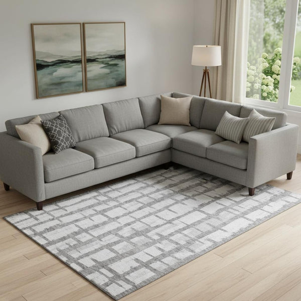 HomeRoots 10' X 14' Gray and Silver Striped Area Rug - Washable, UV-Protected, Durable for High-Traffic Spaces 669366
