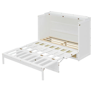 English Elm Full Size Murphy Wall Bed Cabinet with Rattan Panel Detailing and Storage Drawers White N708P336203K