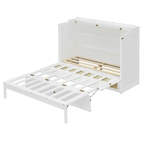 English Elm Full Size Murphy Wall Bed Cabinet with Rattan Panel Detailing and Storage Drawers White N708P336203K