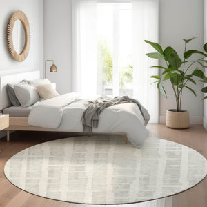 HomeRoots 8' Ivory and Beige Striped Washable Round Rug with UV Protection - Durable, Low-Maintenance Style for Any Space 669375