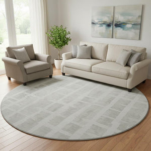 HomeRoots 8' Ivory and Beige Striped Washable Round Rug with UV Protection - Durable, Low-Maintenance Style for Any Space 669375