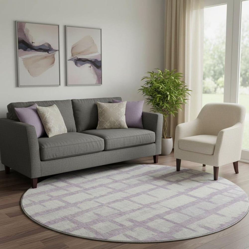 HomeRoots 8' Stylish Lavender and Beige Striped Round Rug – Washable, UV Protected, Stain Resistant for Homes 669381