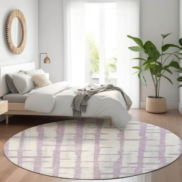 HomeRoots 8' Stylish Lavender and Beige Striped Round Rug – Washable, UV Protected, Stain Resistant for Homes 669381