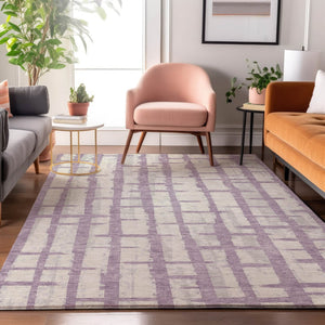 HomeRoots 9' X 12' Striped Lavender & Beige Washable Area Rug – Durable, UV-Protected, Family-Friendly Design 669383