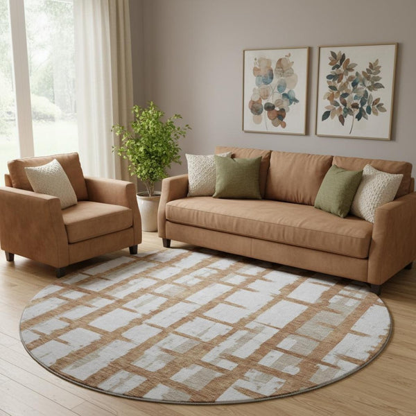 HomeRoots 8' Washable Round Rug in Rust & Beige Stripes - Durable, UV-Protected, Ideal for Homes with Kids & Pets 669387