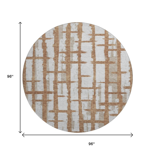 HomeRoots 8' Washable Round Rug in Rust & Beige Stripes - Durable, UV-Protected, Ideal for Homes with Kids & Pets 669387