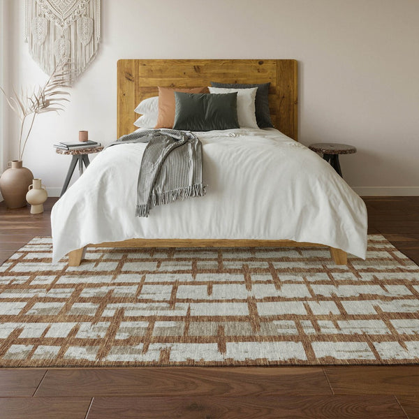 HomeRoots 9' X 12' Striped Area Rug in Rust and Beige - Washable, UV-Protected, Durable for Indoor & Outdoor Use 669389