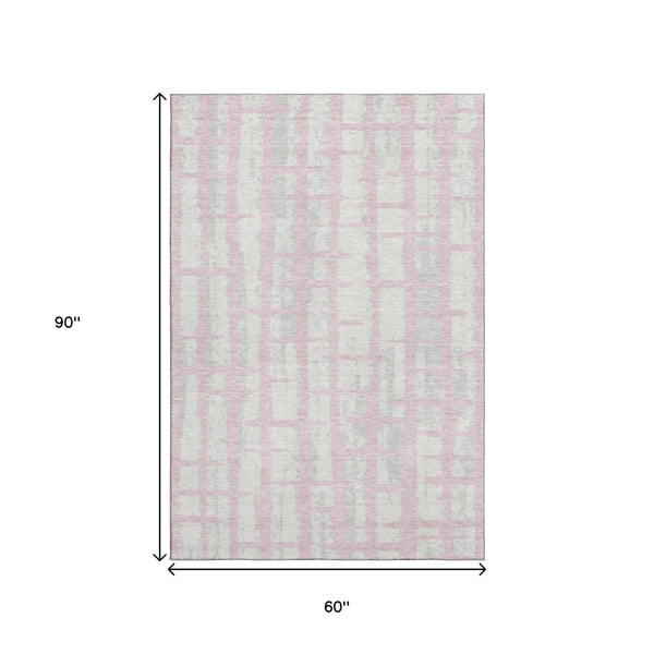 HomeRoots 5' X 8' Pink and Beige Striped Washable Area Rug with UV Protection – Stylish, Durable, Easy-Care Design 669392