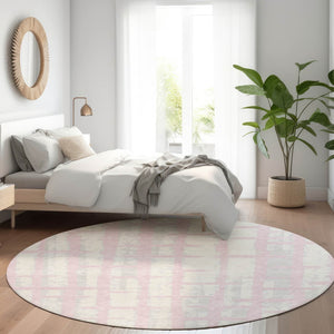 HomeRoots 8' Pink And Beige Striped Round Rug - Washable, UV Protected, Cozy, Durable for Living Spaces & Patios 669393
