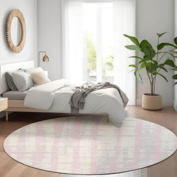 HomeRoots 8' Pink And Beige Striped Round Rug - Washable, UV Protected, Cozy, Durable for Living Spaces & Patios 669393