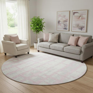 HomeRoots 8' Pink And Beige Striped Round Rug - Washable, UV Protected, Cozy, Durable for Living Spaces & Patios 669393