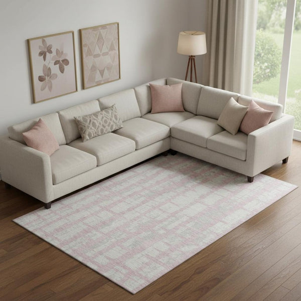 HomeRoots 9' X 12' Pink And Beige Striped Area Rug - Washable, UV-Protected, Perfect for Kids and Pets! 669395