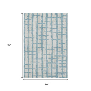 HomeRoots 5' Sky Blue & Beige Striped Washable Area Rug - UV Protected, Stain Resistant, Family Friendly Charm 669398