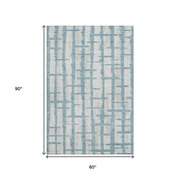 HomeRoots 5' Sky Blue & Beige Striped Washable Area Rug - UV Protected, Stain Resistant, Family Friendly Charm 669398