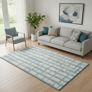 HomeRoots 5' Sky Blue & Beige Striped Washable Area Rug - UV Protected, Stain Resistant, Family Friendly Charm 669398