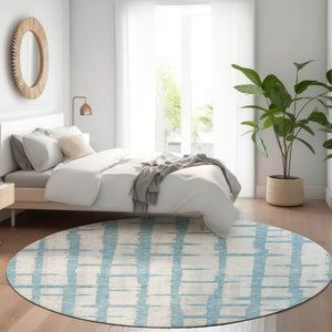 HomeRoots 8' Sky Blue & Beige Striped Round Washable Rug with UV Protection – Durable, Stylish, Pet-Friendly! 669399