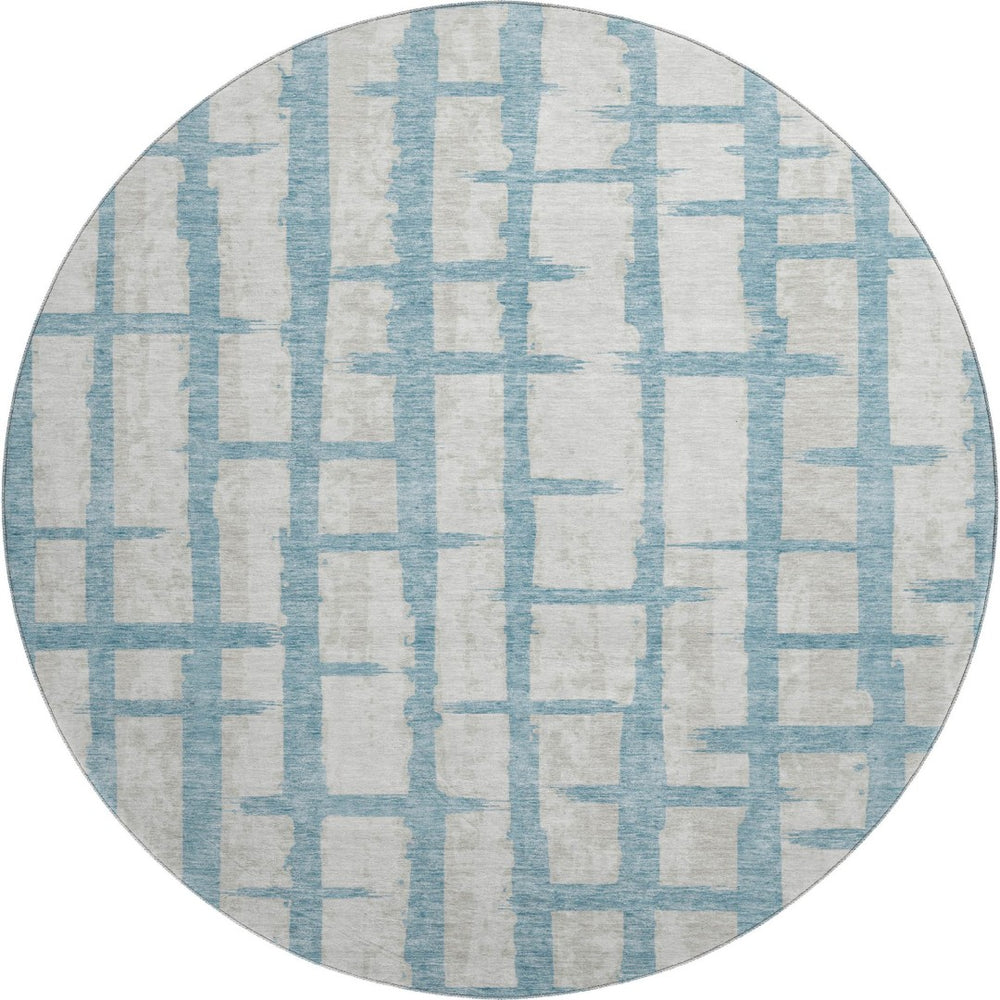 HomeRoots 8' Sky Blue & Beige Striped Round Washable Rug with UV Protection – Durable, Stylish, Pet-Friendly! 669399