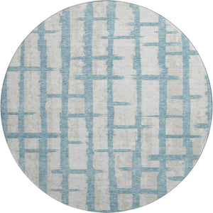 HomeRoots 8' Sky Blue & Beige Striped Round Washable Rug with UV Protection – Durable, Stylish, Pet-Friendly! 669399