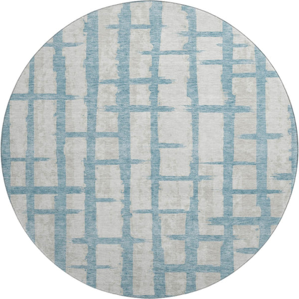 HomeRoots 8' Sky Blue & Beige Striped Round Washable Rug with UV Protection – Durable, Stylish, Pet-Friendly! 669399