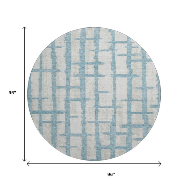 HomeRoots 8' Sky Blue & Beige Striped Round Washable Rug with UV Protection – Durable, Stylish, Pet-Friendly! 669399