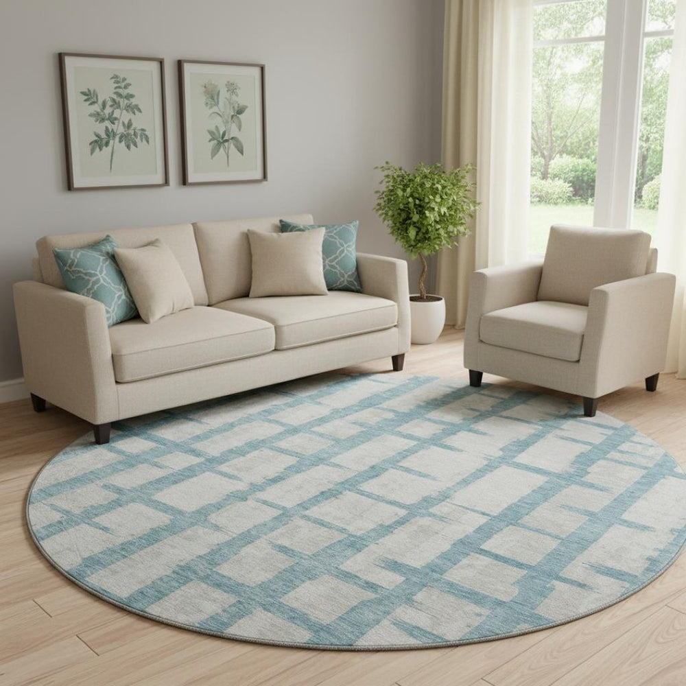 HomeRoots 8' Sky Blue & Beige Striped Round Washable Rug with UV Protection – Durable, Stylish, Pet-Friendly! 669399