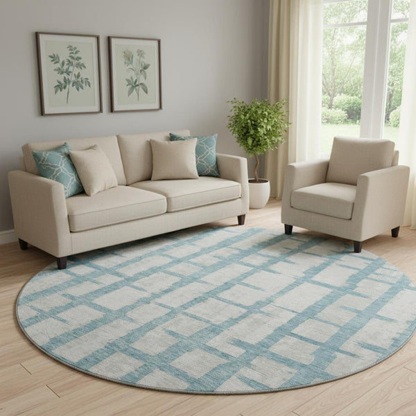 HomeRoots 8' Sky Blue & Beige Striped Round Washable Rug with UV Protection – Durable, Stylish, Pet-Friendly! 669399