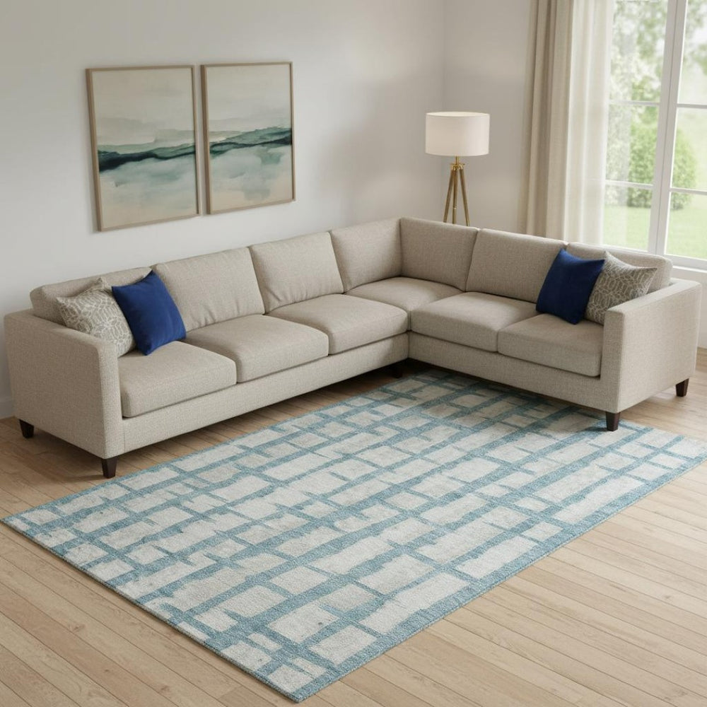 HomeRoots 8' X 10' Sky Blue & Beige Striped Washable Area Rug - Durable, Stain-Resistant with UV Protection! 669400