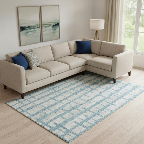 HomeRoots 9' X 12' Stylish Sky Blue & Beige Striped Area Rug - Washable, UV Protected, Durable & Easy Care 669401