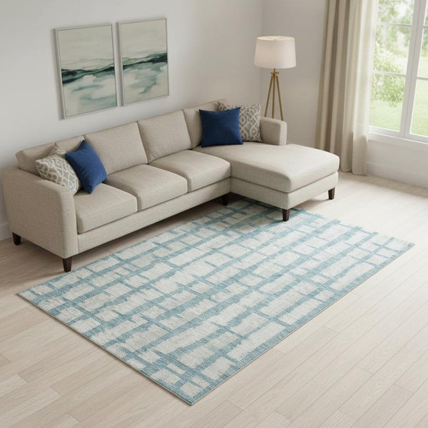 HomeRoots 10' X 14' Sky Blue & Beige Washable Area Rug - Stain Resistant, UV Protected for Family Spaces 669402