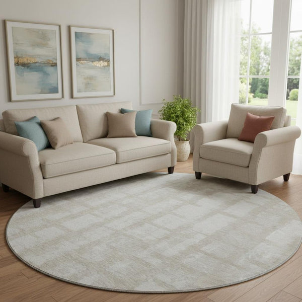 HomeRoots 8' Stylish Taupe and Beige Striped Washable Round Rug - UV Protected, Perfect for Kids & Pets! 669405