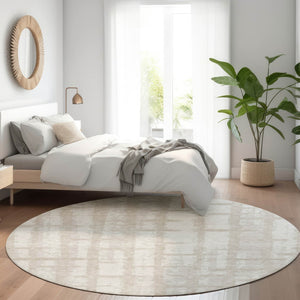 HomeRoots 8' Stylish Taupe and Beige Striped Washable Round Rug - UV Protected, Perfect for Kids & Pets! 669405