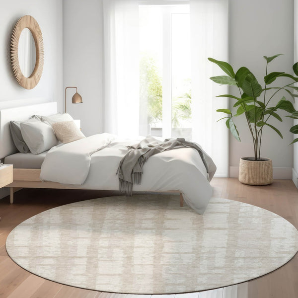 HomeRoots 8' Stylish Taupe and Beige Striped Washable Round Rug - UV Protected, Perfect for Kids & Pets! 669405