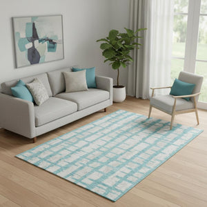 HomeRoots 5' X 8' Teal And Beige Striped Washable Area Rug - Durable, Stylish, UV Resistant for All Spaces 669410