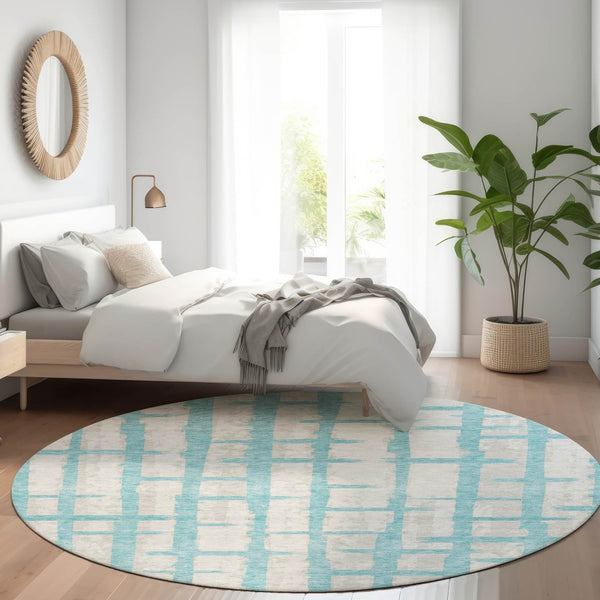 HomeRoots 8' Teal and Beige Striped Washable Round Rug - Durable, UV-Protected, Stylish for High-Traffic Spaces 669411