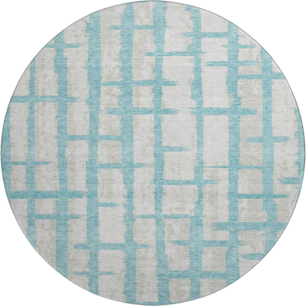 HomeRoots 8' Teal and Beige Striped Washable Round Rug - Durable, UV-Protected, Stylish for High-Traffic Spaces 669411