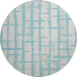 HomeRoots 8' Teal and Beige Striped Washable Round Rug - Durable, UV-Protected, Stylish for High-Traffic Spaces 669411